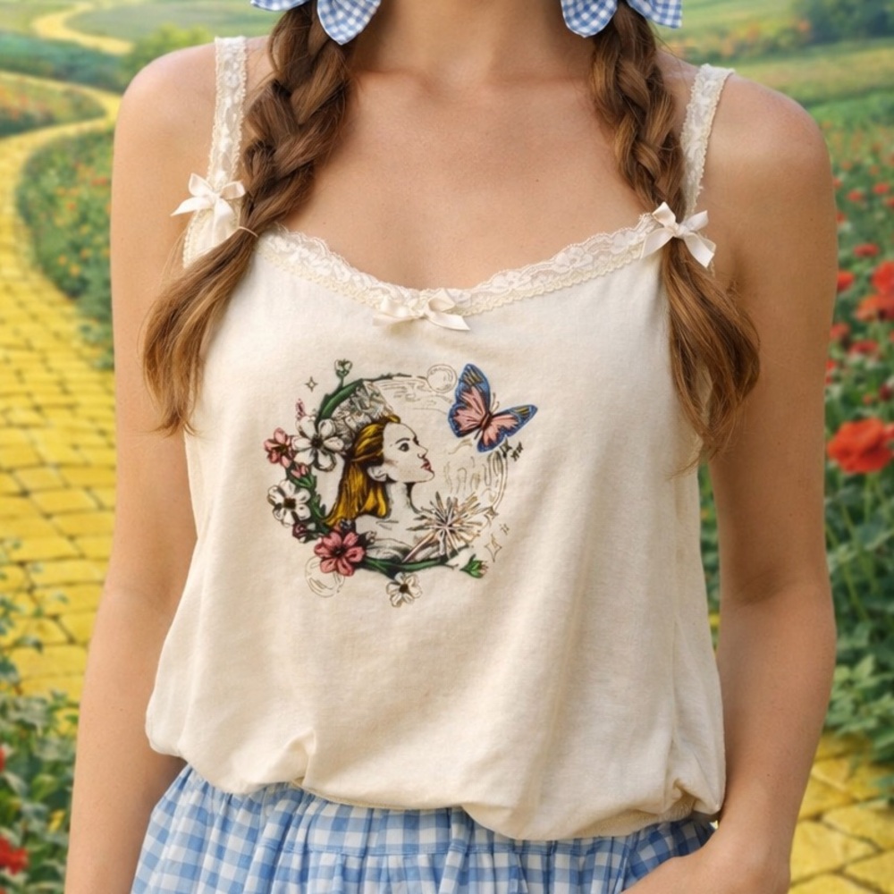 MAD Engine Wicked X Katie Kime Collab Glinda Cream Graphic Lace-Trim Cami